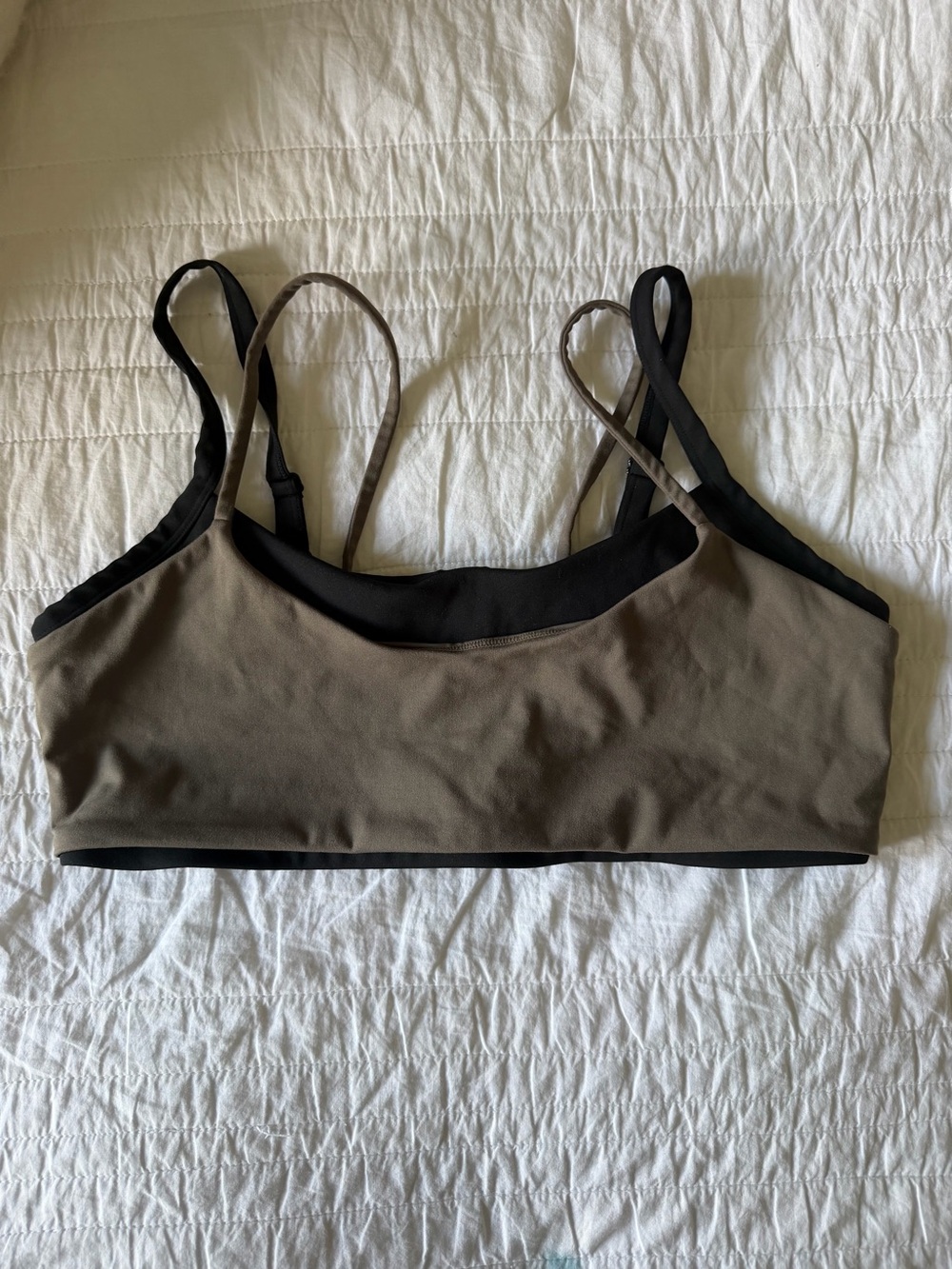 Seamless Taupe and Black Double-Strap Sports Bralette
